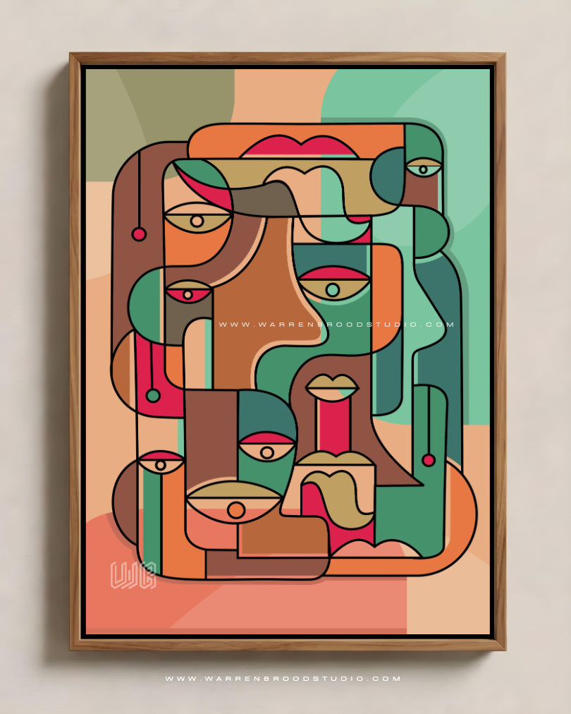 Modern cubism face vector artwork with premium wooden frames, featuring abstract geometric forms and contemporary digital illustration for luxury modern interiors.