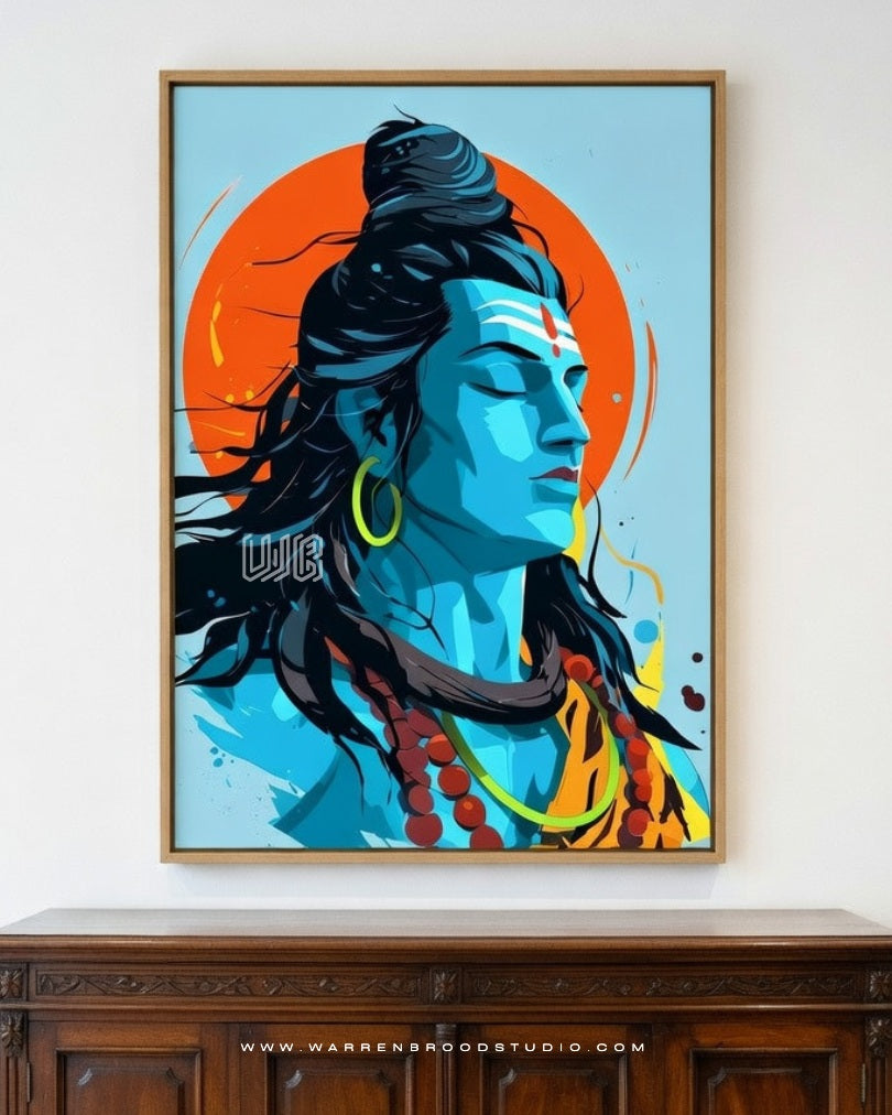 Shiva in Cosmic Silence premium Lord Shiva digital art print mounted in a natural Oak wooden frame featuring a modern blue Mahadev portrait with orange halo, Rudraksha beads, and contemporary Hindu spiritual wall décor - Warren Brood Art Studio