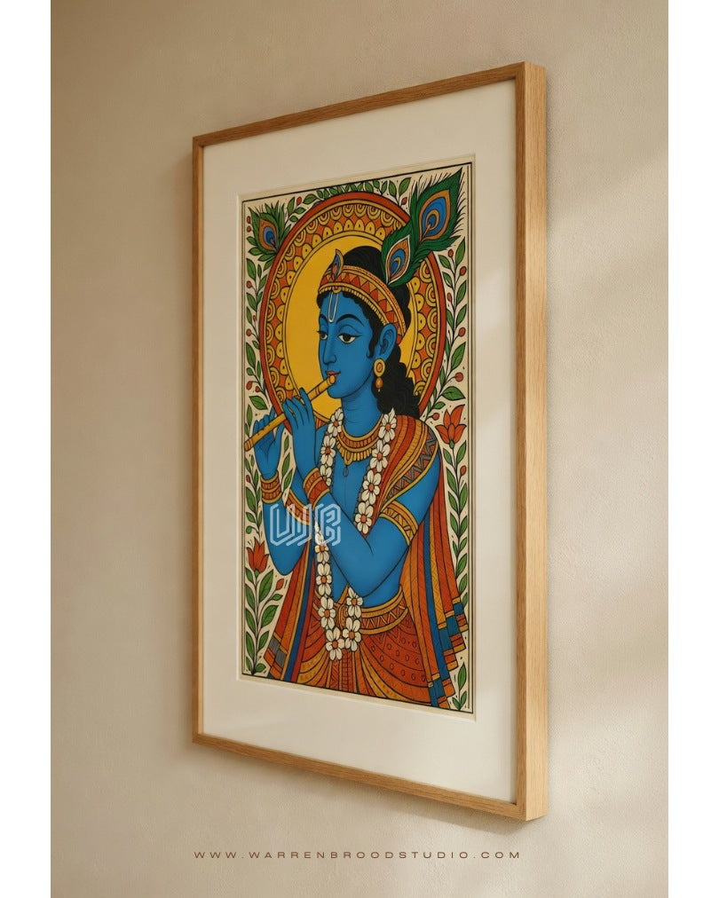Traditional Lord Krishna wall art print with peacock feather and floral garland.