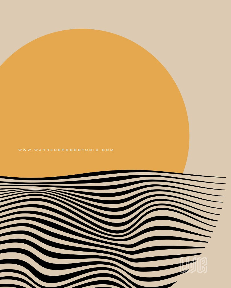 Minimalist abstract sunset wall art featuring a golden sun, flowing black wave lines, and contemporary geometric design in premium framed wall décor.