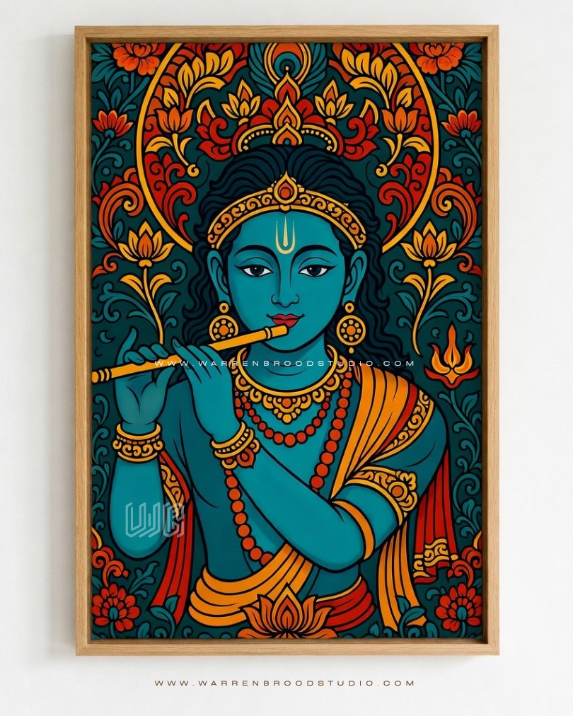 Buy Lord Krishna playing the flute in a vibrant contemporary Indian mural style, premium Hindu wall art print with handcrafted natural oak wooden frame for pooja rooms, temples, and home décor.