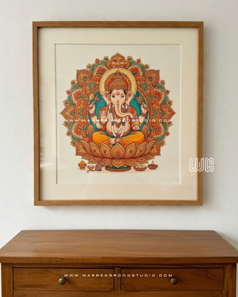 Elegant Ganpati Bappa wall art print with lotus mandala design in a premium oak wooden frame for Hindu home décor and devotional spaces.