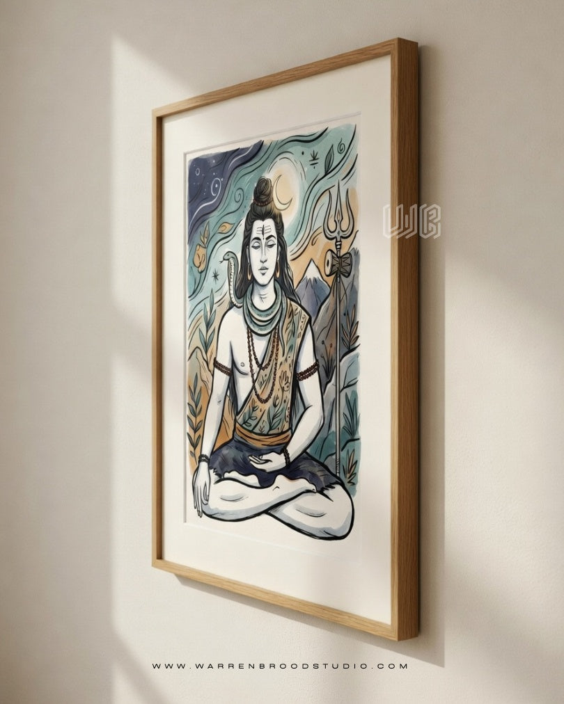 Meditating Lord Shiva in a premium mounted glass frame, symbolising peace, spiritual wisdom, and divine strength for elegant Hindu home décor.