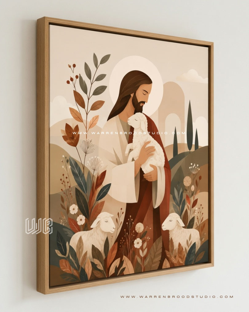 Jesus with Lamb Wall Art | Good Shepherd Christian Vector Print | Premium Framed Religious Wall Décor
