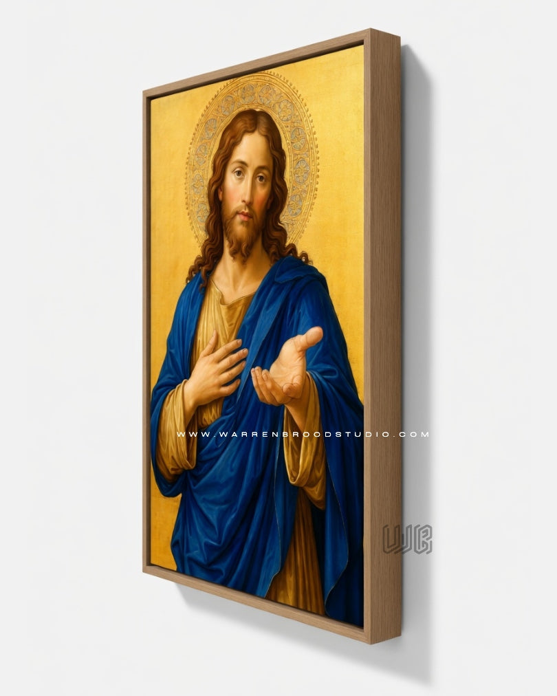 Portrait of Jesus Christ the Redeemer with an outstretched hand, premium Christian wall art print in an oak wooden frame for religious home decor and prayer room decoration - Warren Brood Studio