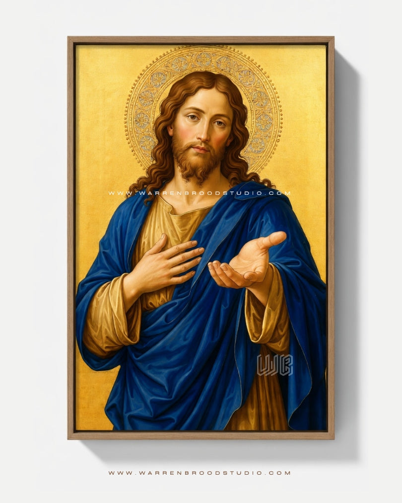 Shop the Jesus Christ the Redeemer Premium Wall Art Print in a handcrafted oak wooden frame. Luxury Christian wall decor for homes, churches, prayer rooms, offices, and meaningful religious gifts.