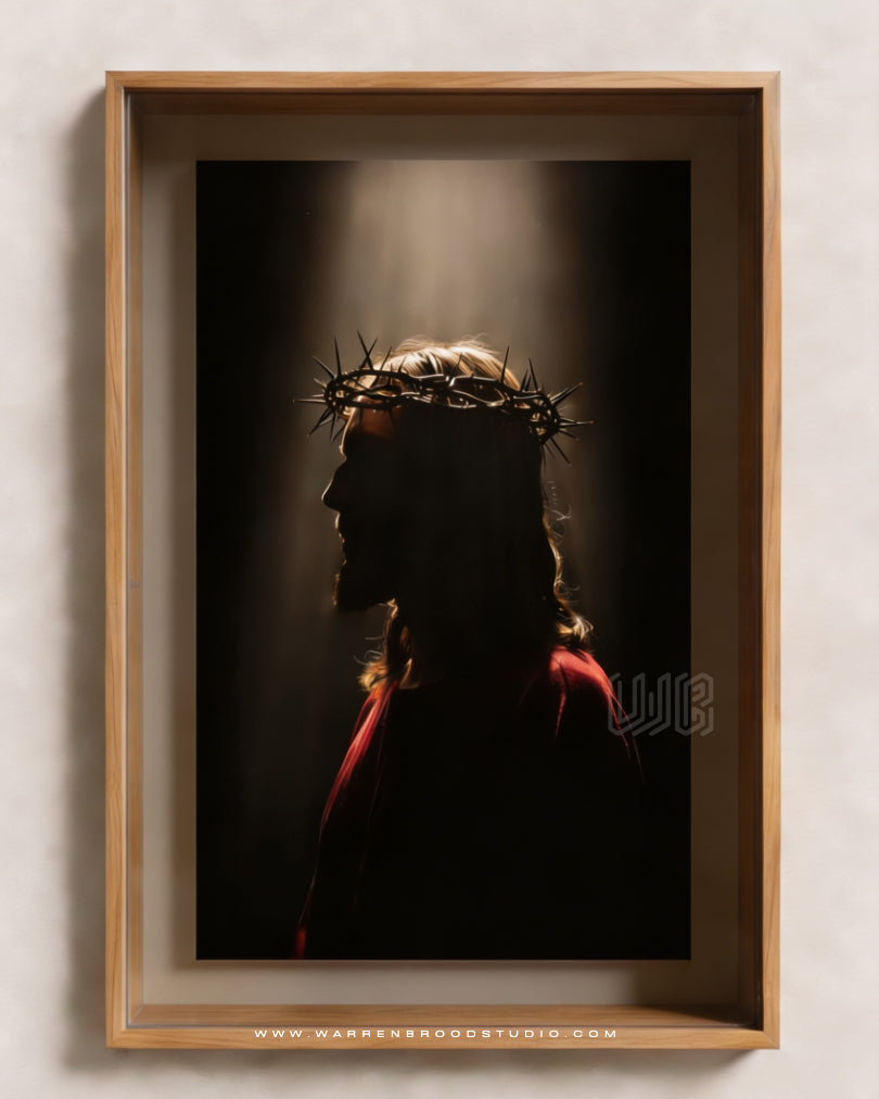 Jesus Passion artwork showing crown of thorns and divine light, Catholic Christian wall decor