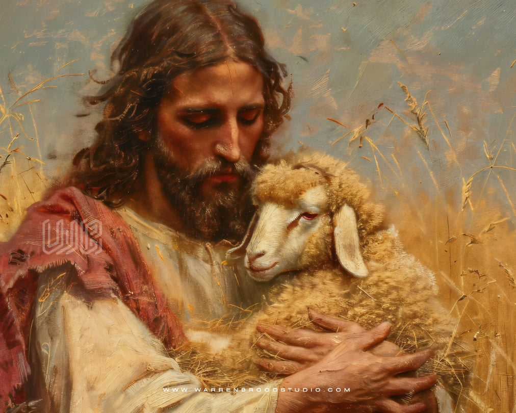 Religious artwork of Jesus Christ with sheep framed by Warren Brood Studio Art Frames