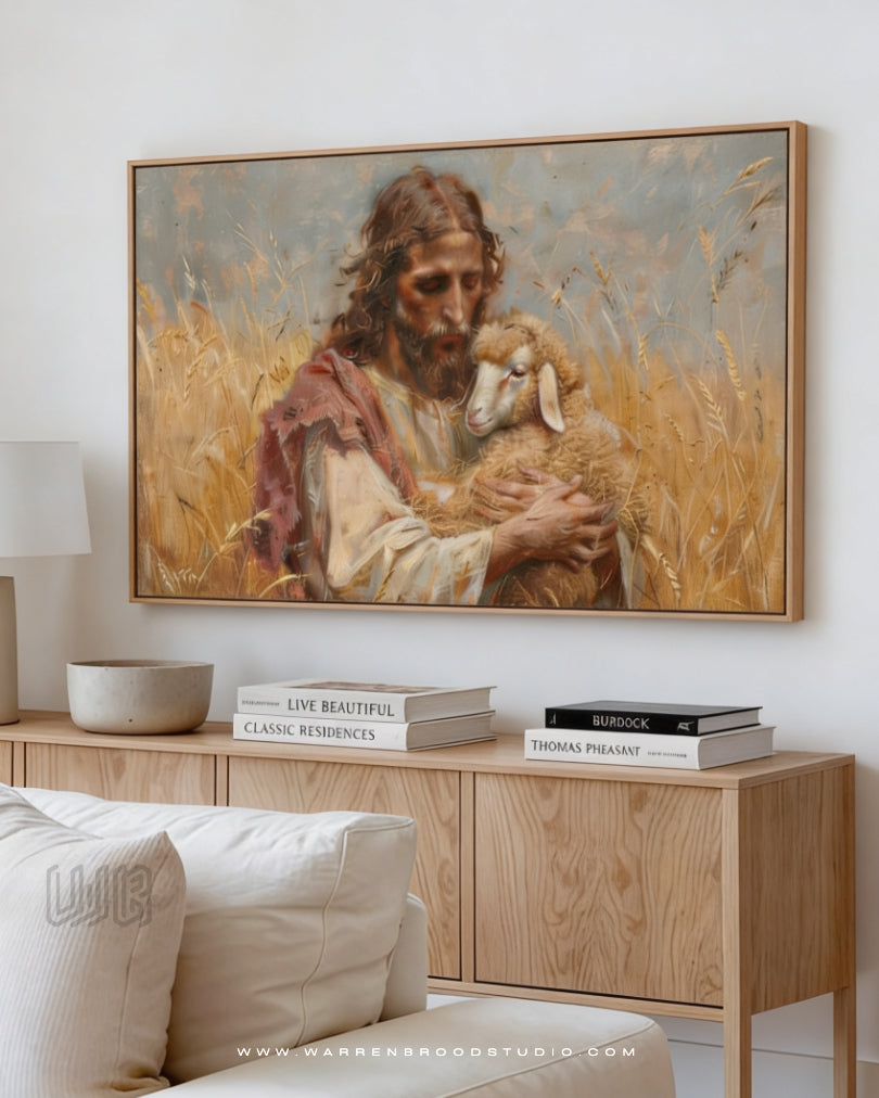 Shop Jesus The Good Shepherd wall art featuring Christ holding a lamb in a peaceful pastoral scene. Premium Christian wall decor perfect for prayer rooms, homes, churches, and meaningful gifting.