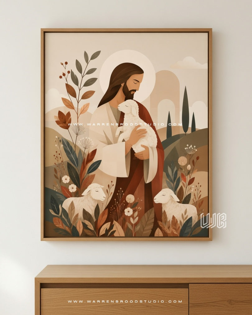 Premium Jesus with Lamb wall art, Good Shepherd Christian vector print, framed religious artwork, Christian home décor, church wall art, prayer room decoration, modern Christian art  print - Warren Brood Studio UAE