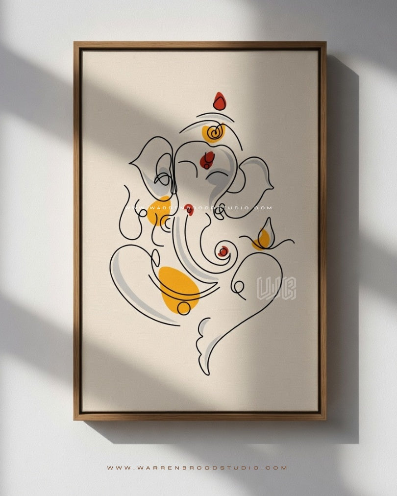 Minimal Lord Ganesha one line drawing in contemporary Hindu art style, premium framed wall art print with a handcrafted oak wooden frame for modern spiritual home décor - Warren Brood Studio