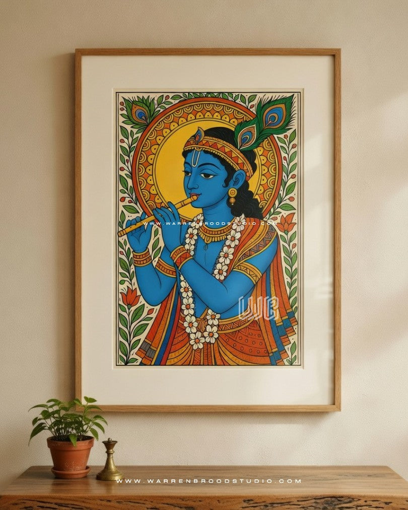 Buy Lord Krishna Playing the Flute – Premium Hindu Wall Art Print | Traditional Indian Religious Wall Decor