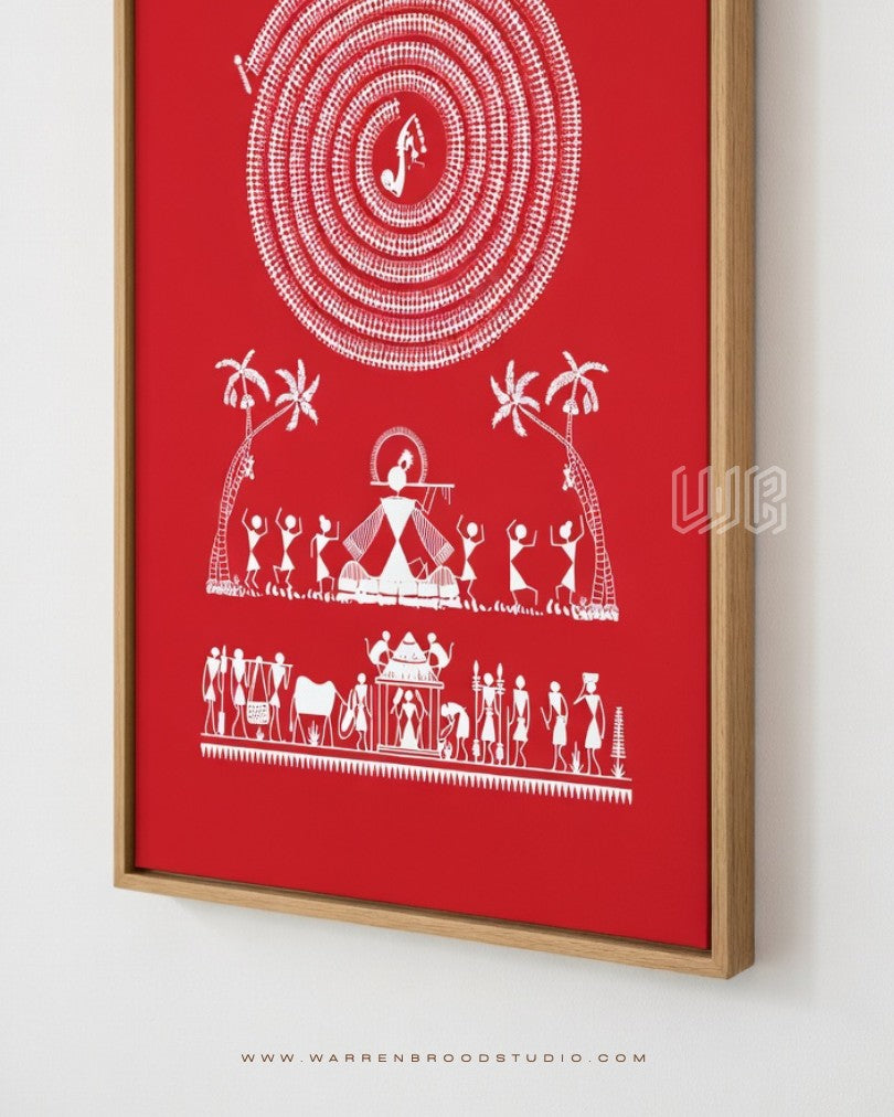 Krishna Janmashtami celebration in traditional Warli style featuring Lord Krishna, Indian folk art illustration, premium Hindu religious wall art in a handcrafted natural oak wooden frame.