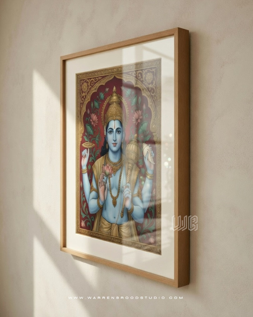 Lord Vishnu premium Hindu wall art print with Shankha Chakra Gada Padma in natural oak wooden frame.
