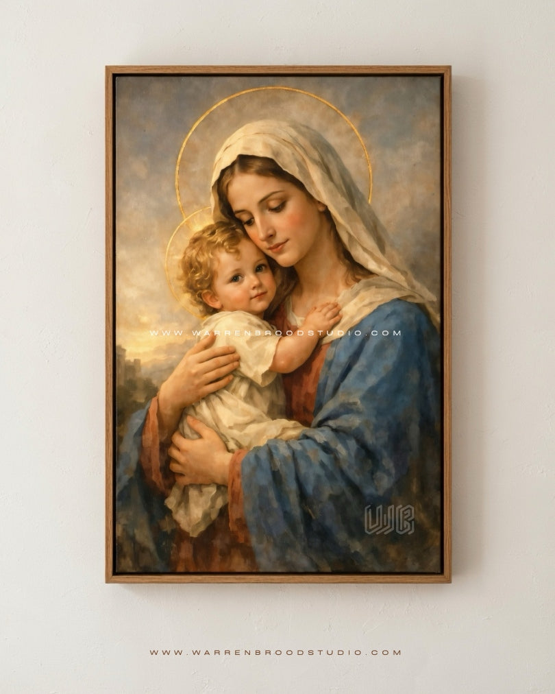 Virgin Mary holding Baby Jesus with gold halos, framed Christian wall art in premium natural oak wooden frame for home, church, and prayer room decor.