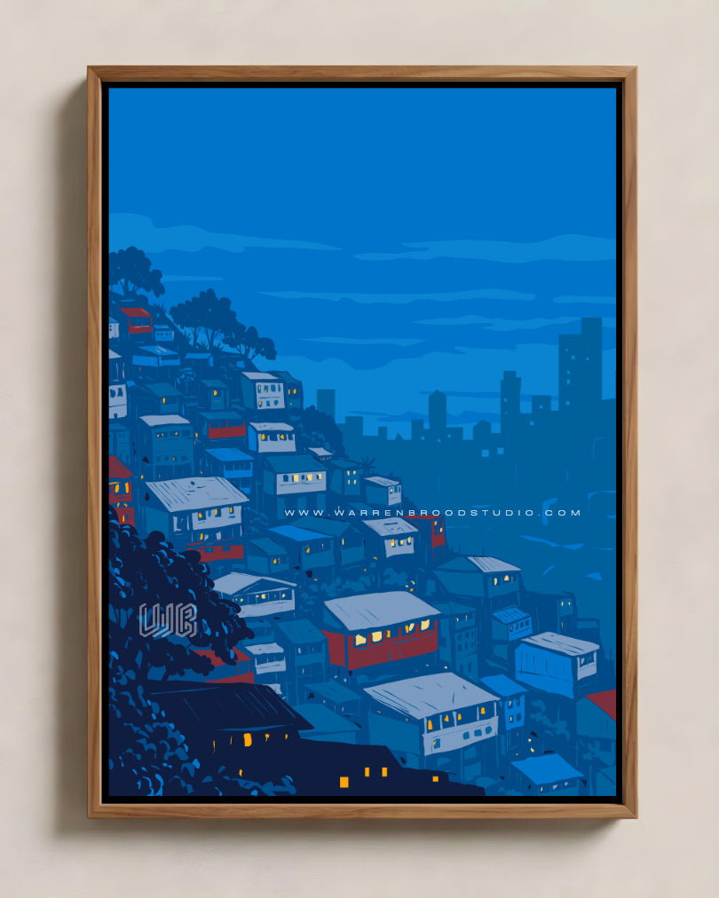 Contemporary urban night scape digital illustration featuring hillside homes, glowing windows, and a blue city skyline framed in a premium wooden wall frame from Warren Brood Studio