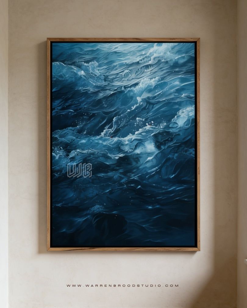 Midnight Tide contemporary ocean abstract digital artwork featuring flowing deep blue waves, fluid textures, and premium wooden framed wall décor designed for luxury home interiors in Dubai.