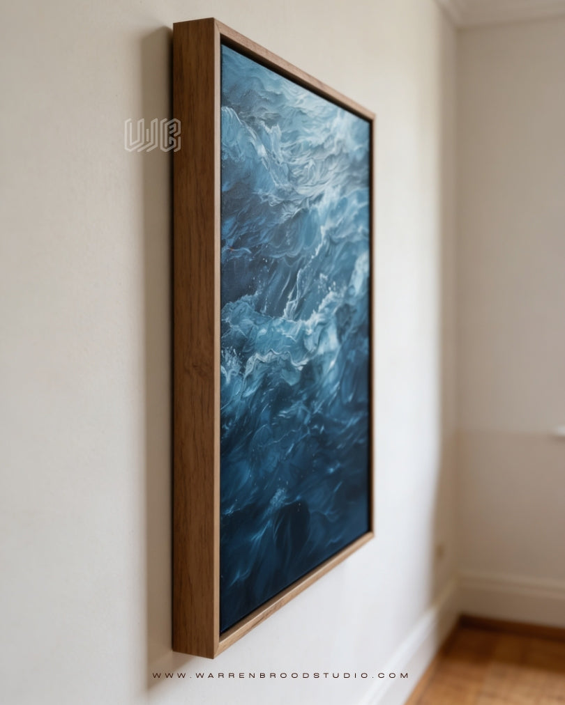 Midnight Tide contemporary ocean abstract digital artwork featuring flowing deep blue waves, fluid textures, and premium wooden framed wall décor designed for luxury home interiors in Dubai.