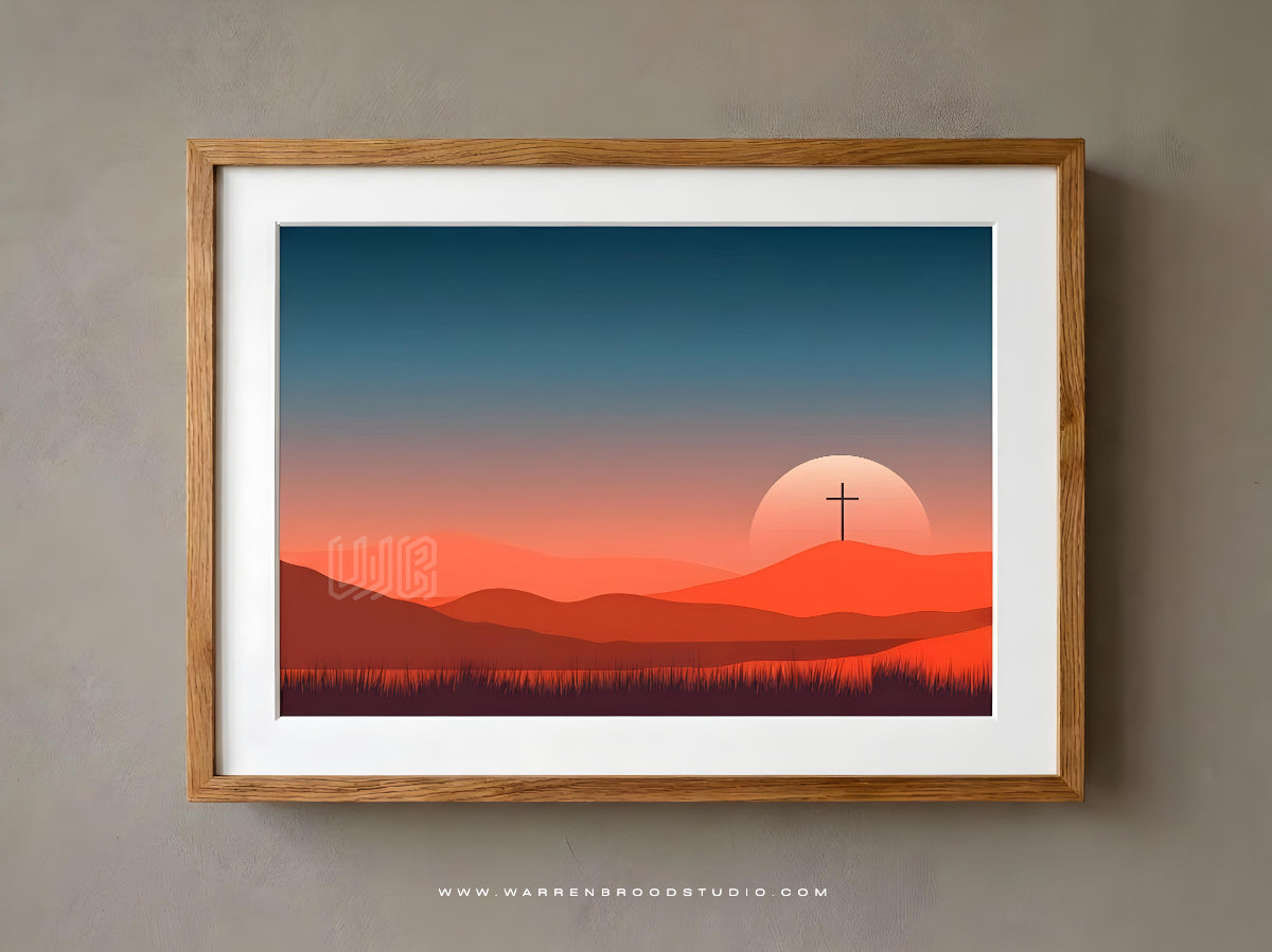 Christian cross sunrise landscape framed wall art – Resurrection of Jesus minimalist religious decor