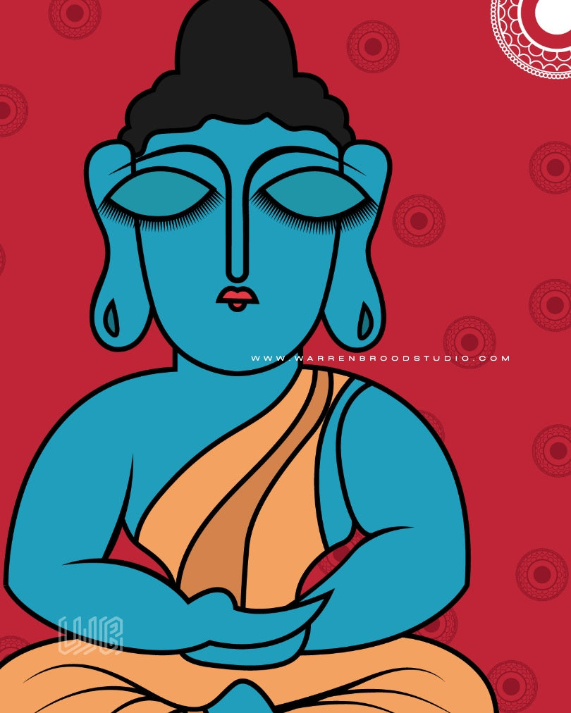 Contemporary Buddha meditation illustration wall art in museum-quality print with natural oak frame, designed for peaceful interiors and spiritual decoration.