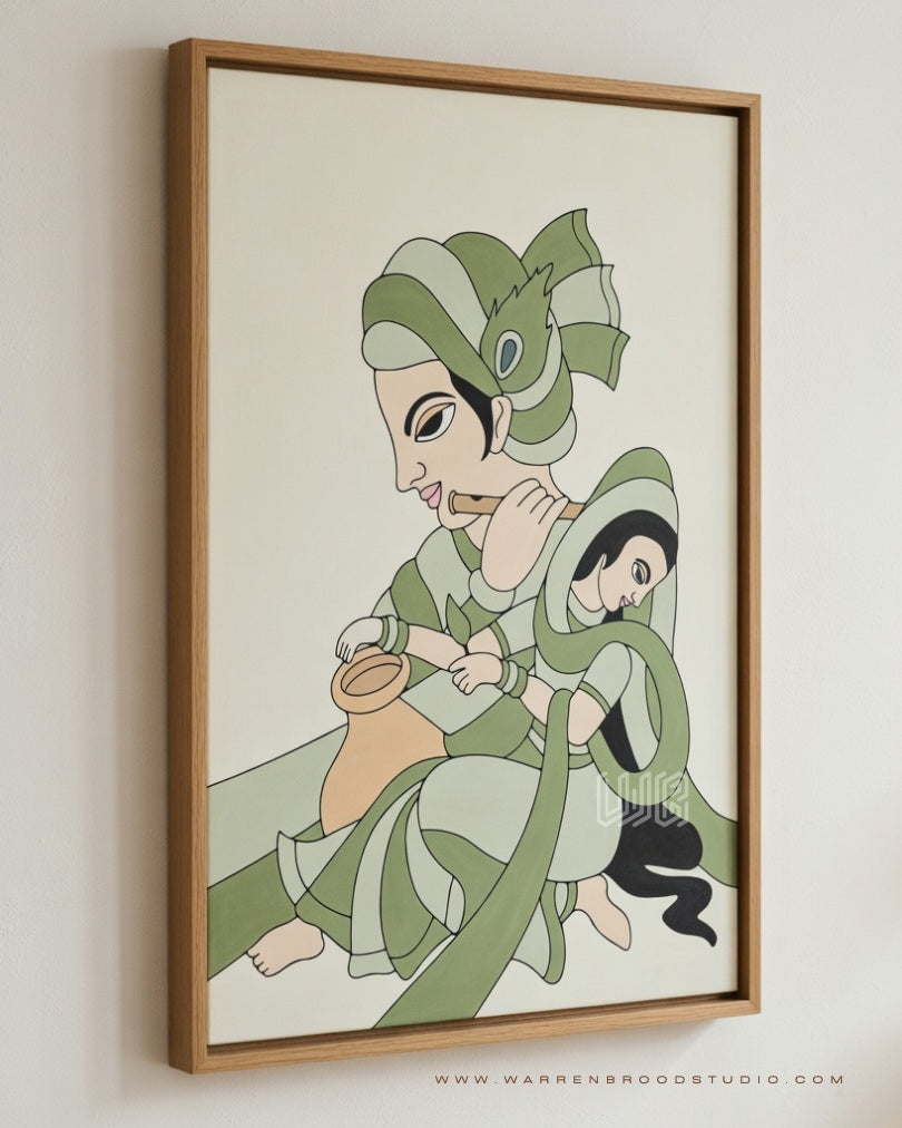 Shop Modern Indian artwork depicting Radha and Krishna in an expressive composition inspired by divine love and spiritual harmony.
