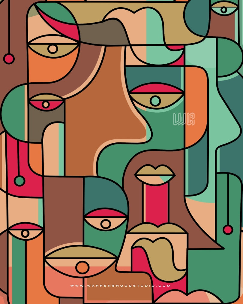 Modern cubism face vector artwork with premium wooden frames, featuring abstract geometric forms and contemporary digital illustration for luxury modern interiors.