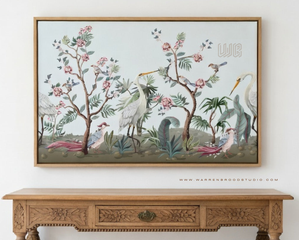 Premium Botanical Bird Wall Art Print | Elegant Floral Garden Illustration with Exotic Birds, Herons & Luxury Wall Art Frames for Sophisticated Home Décor.