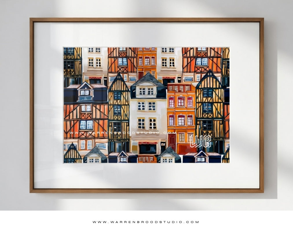 Digital illustration artwork inspired by an old town landscape, featuring architectural charm, timeless streets, and premium framed wall art décor.