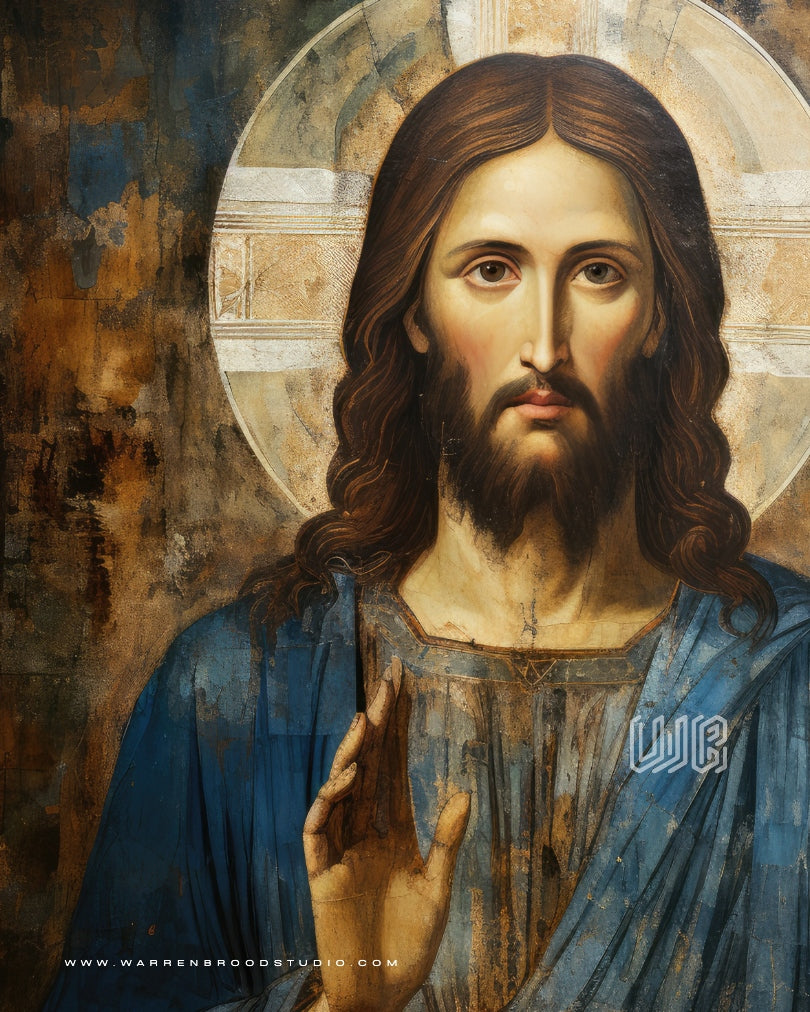 Christian Byzantine Jesus Portrait Art Print - Premium Oak Wooden Wall Frame