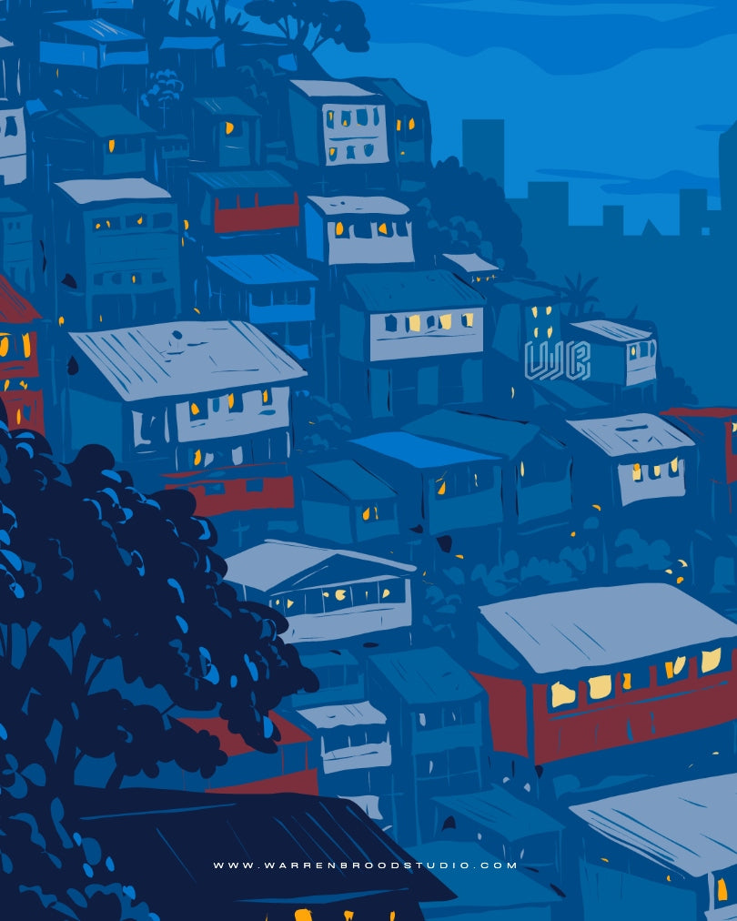 Blue City Dreams premium urban night scape wall art featuring a contemporary cityscape digital illustration with layered hillside homes, glowing windows, modern framed artwork, luxury wooden wall décor, and elegant city-inspired interior design art for modern living spaces. - Warren Brood Studio