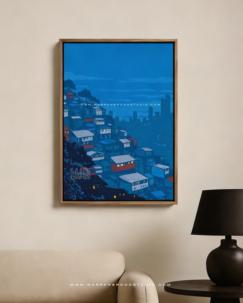 Blue City Dreams premium urban nightscape wall art featuring a contemporary cityscape digital illustration with layered hillside homes, glowing windows, modern framed artwork, luxury wooden wall décor, and elegant city-inspired interior design art for modern living spaces.