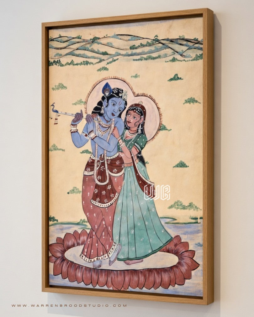 Traditional Radha Krishna devotional painting with Krishna flute artwork in a handcrafted natural oak wooden frame.