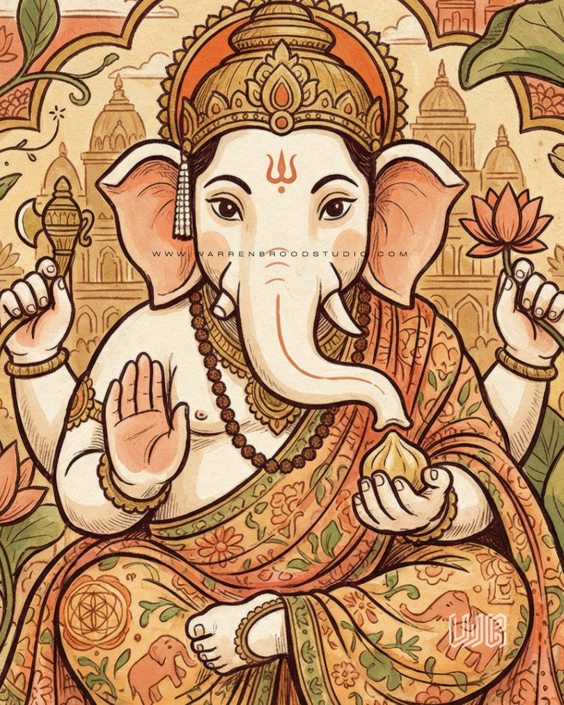 Lord Ganesha – Premium Hindu Wall Art Print | Natural Oak Wooden Frame | Hindu Religious Wall Decor