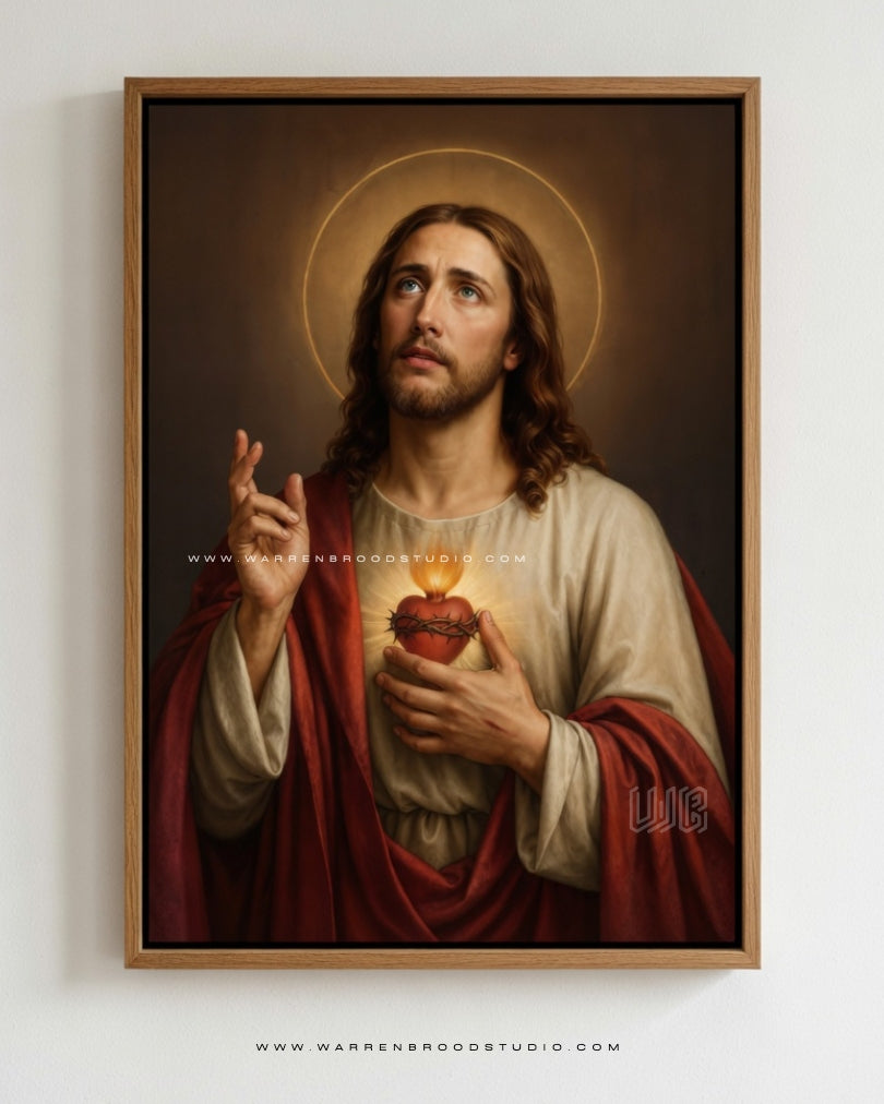Sacred Heart of Jesus Christian art print featuring Jesus Christ with the Sacred Heart, framed in a premium oak wooden box frame.
