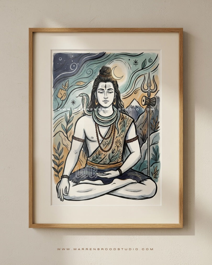 Shop Premium Lord Shiva meditation illustration in a mounted glass frame, Hindu religious wall art for pooja room, meditation room, temple, office, and luxury interiors - Warren Brood Studio