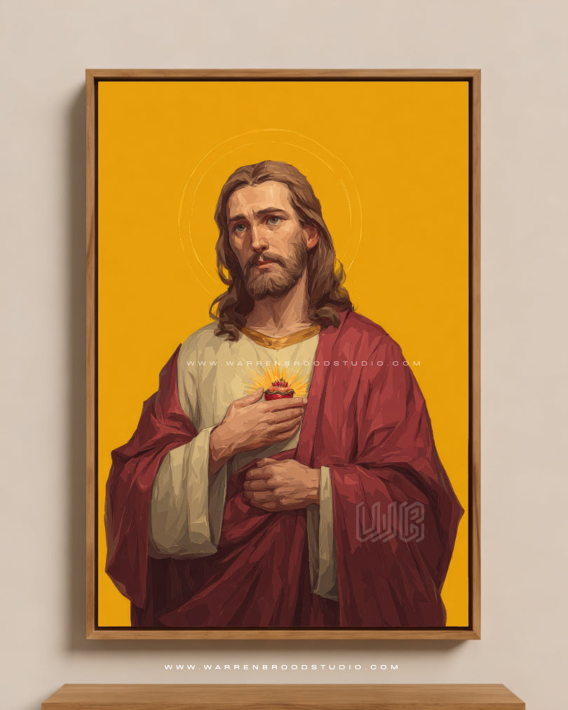 Sacred Heart Jesus art print framed in natural oak wood frame Christian wall decor