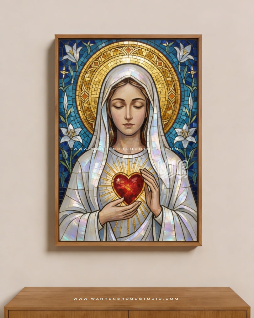 Sacred Heart of Mary Framed Wall Art Print – Premium Oak Wooden Frame Religious Catholic Decor, Blessed Virgin Mary Sacred Heart Artwork for Home, Prayer Room, Church, and Spiritual Wall Decoration.