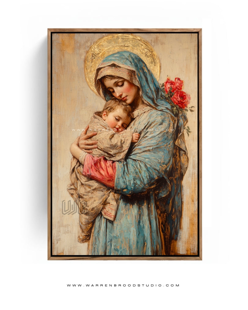 Sacred Madonna with Baby Jesus - Box Wooden Frame