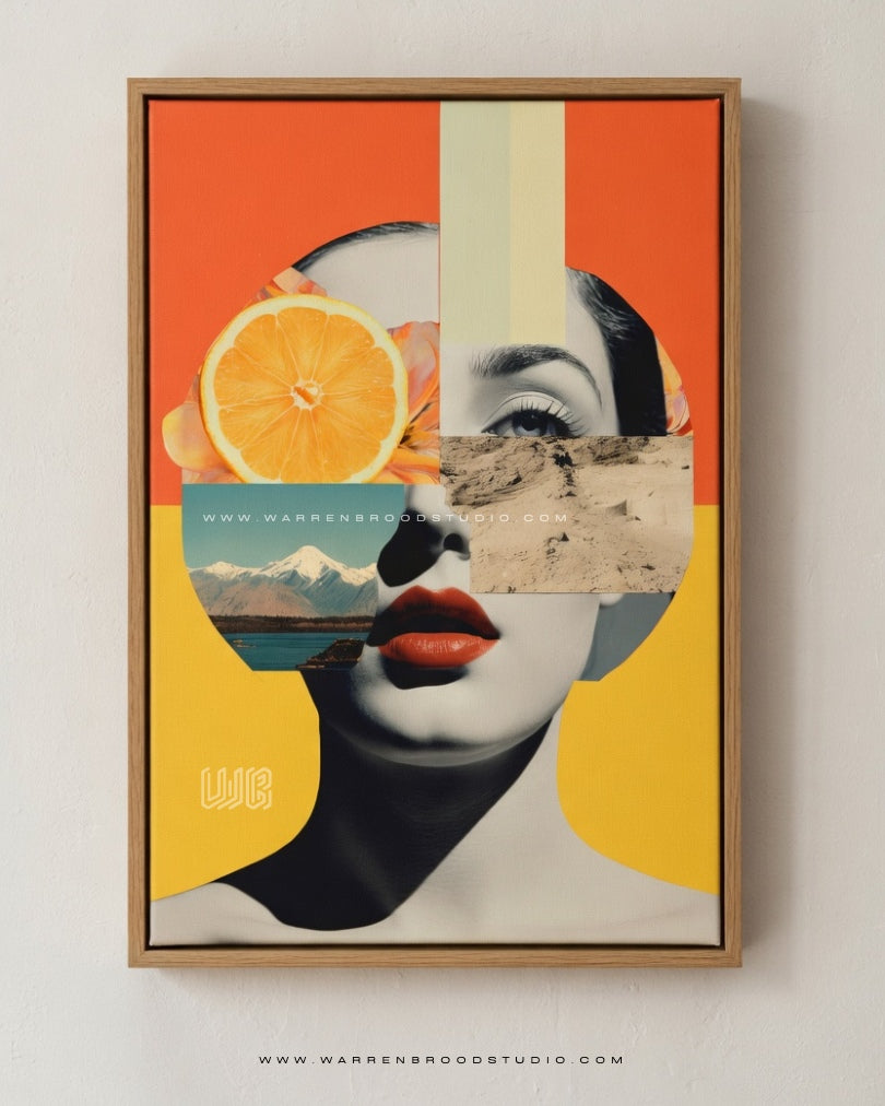 She Carries Worlds mixed media digital illustration featuring surreal portrait elements, layered landscapes, vibrant artistic textures, and premium wooden framed wall décor for luxury interiors in Dubai.
