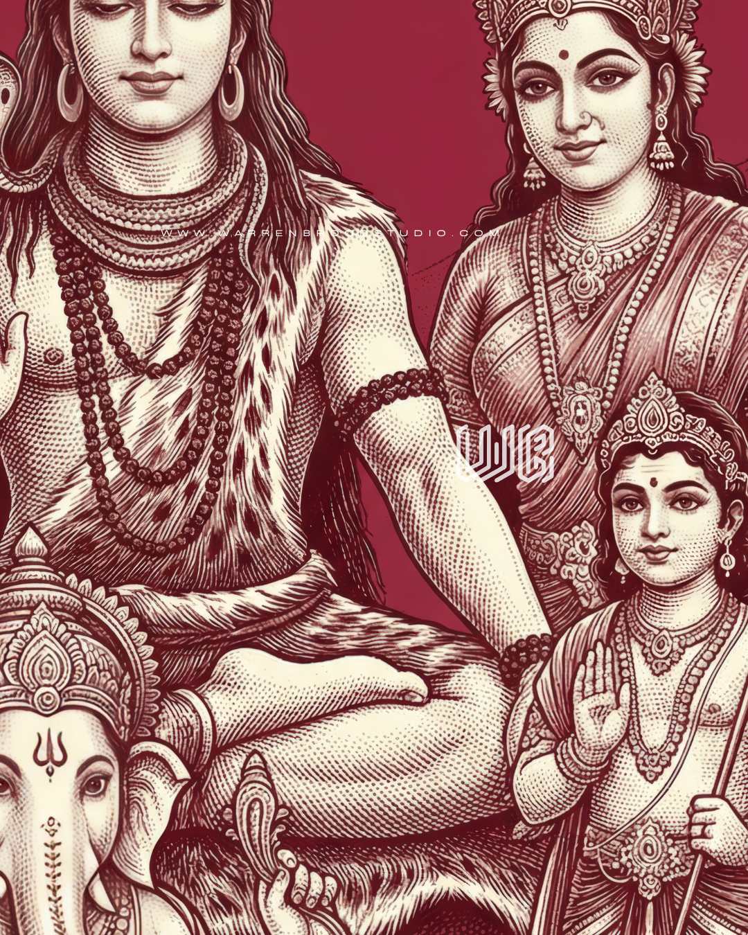 Buy Shiv Parivar wall art featuring Lord Shiva, Goddess Parvati, Lord Ganesha, and Lord Kartikeya in vintage Indian line art with a rich crimson background and ornate gold frame.