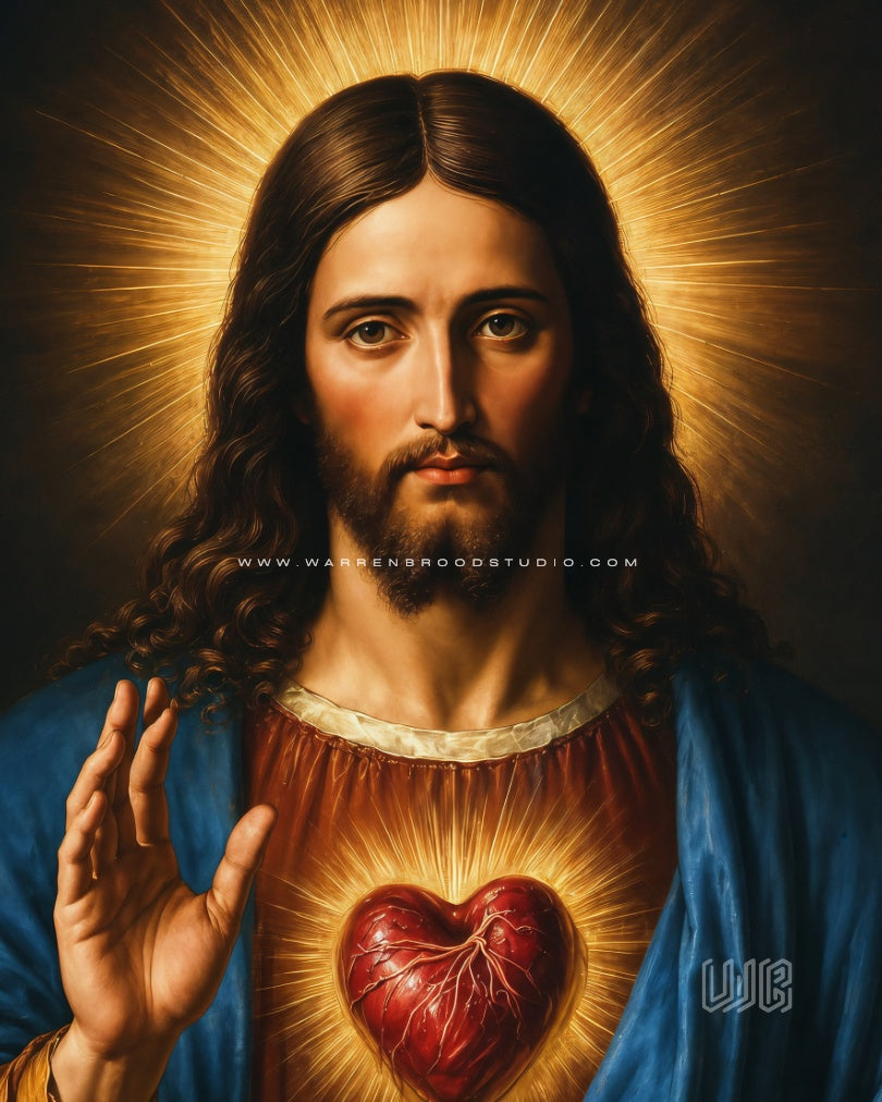 Sacred Heart of Jesus, Jesus Christ, Christian Wall Art, Catholic Wall Art, Religious Wall Decor, Jesus Portrait, Sacred Heart Painting, Christian Home Decor, Catholic Home Decor, Christian Gifts, Prayer Room Decor, Church Wall Art, Premium Wall Frames, Oak Wooden Frame, Handmade Frame, Museum Quality Print, Archival Giclée Print, Luxury Christian Decor, Warren Brood Studio