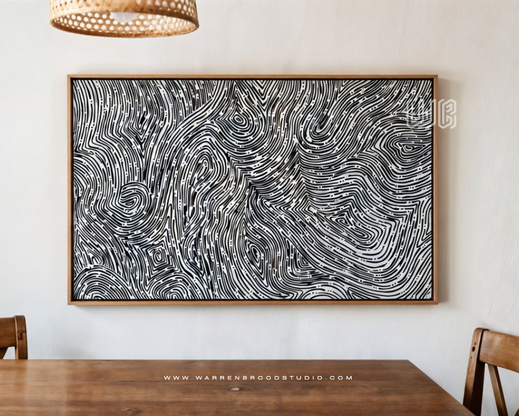 Silent Frequencies abstract line art illustration featuring flowing monochrome contour patterns, organic textures, and premium contemporary framed wall décor for luxury interiors in Dubai.