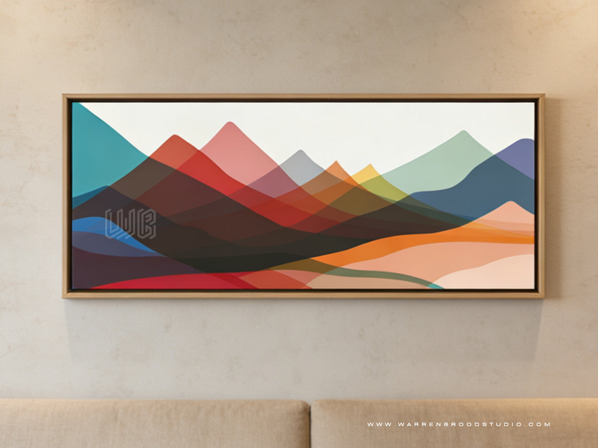 Spectrum Valleys contemporary abstract digital illustration featuring layered colorful mountain-inspired forms framed in a premium wooden wall frame for modern interior décor.