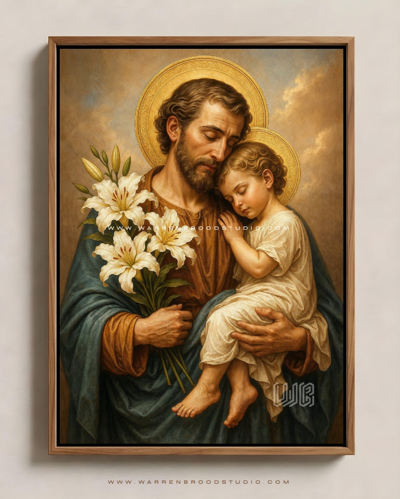 St. Joseph holding the Infant Jesus with white lilies in a classical Catholic Christian painting, premium oak wooden framed wall art for home, church, and prayer room décor.