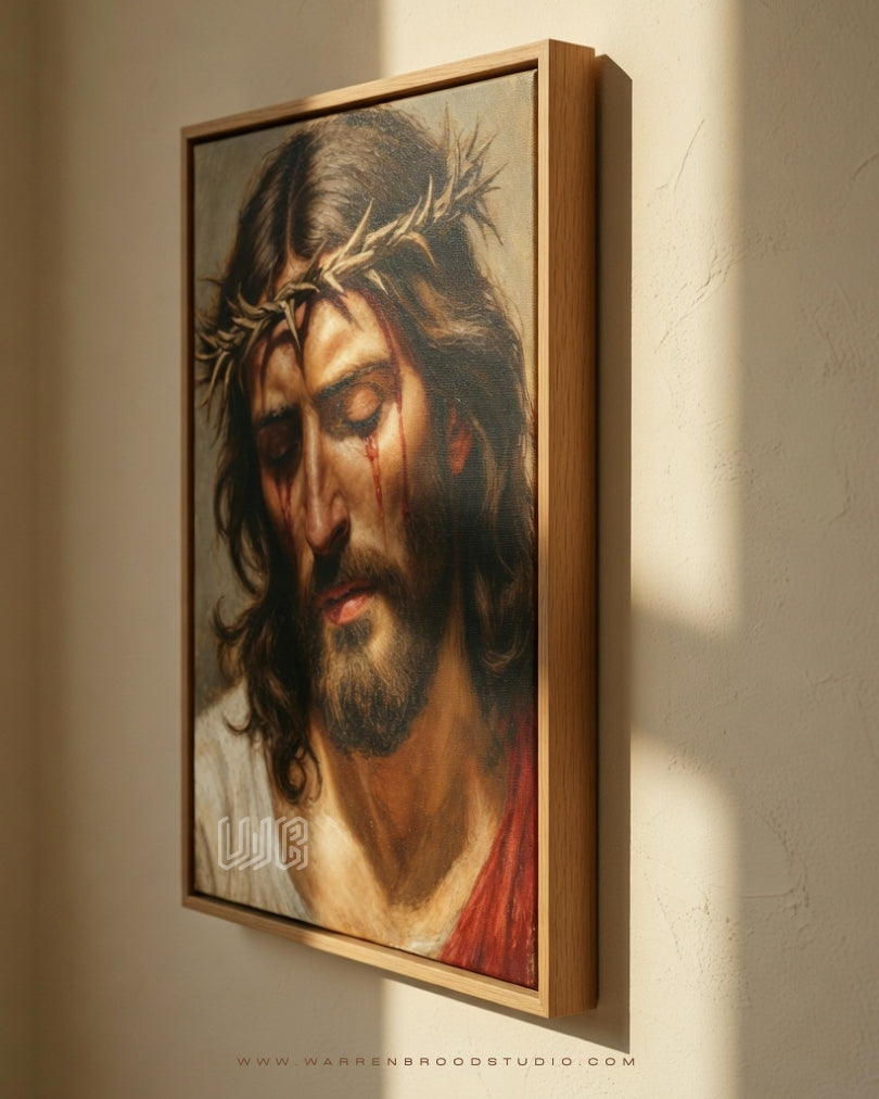 The Passion of Christ wall art featuring Jesus Christ wearing the Crown of Thorns with closed eyes, premium Catholic Christian framed print in a natural oak wooden frame for home, church, and prayer room décor.