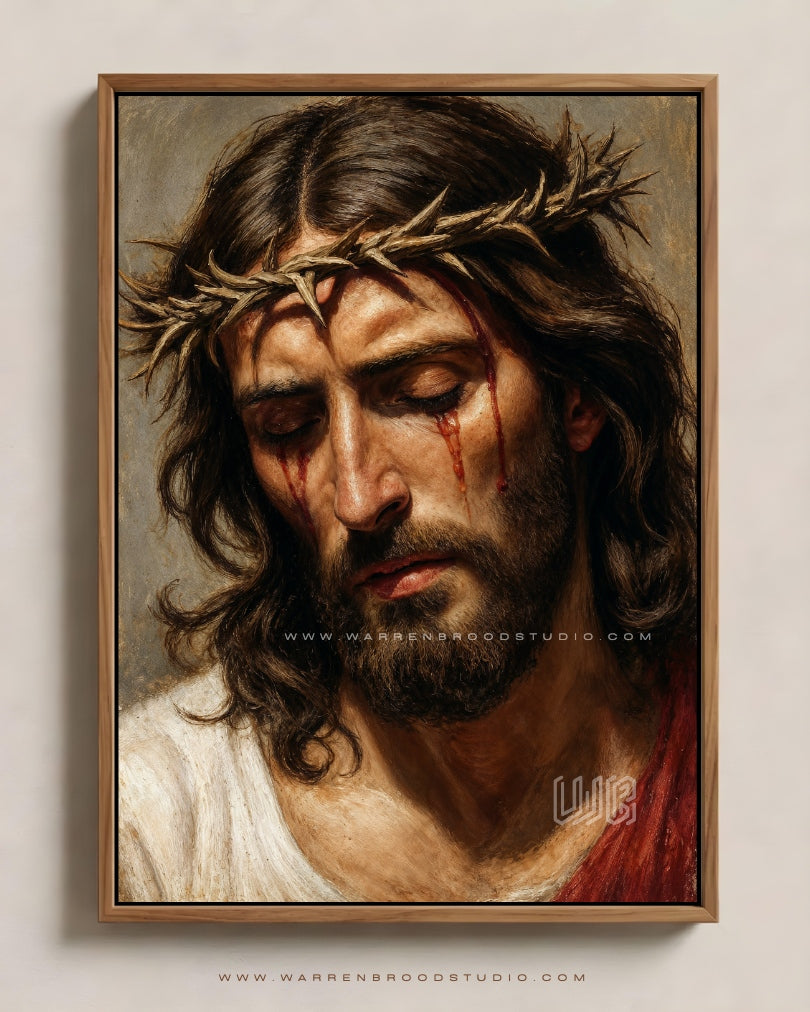 The Passion of Christ – Jesus Crown of Thorns Premium Catholic Christian Wall Art Print | Oak Wooden Frame - Warren Brood Studio Online