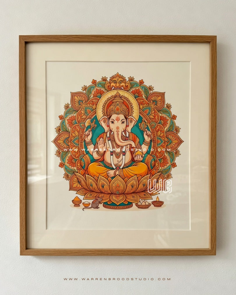 Shop Lord Ganesha seated on a sacred lotus with intricate mandala artwork in a premium natural oak wooden frame, Hindu religious wall art for pooja room and home décor.