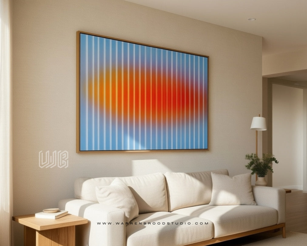 Minimalist abstract wall art featuring a glowing orange horizon behind soft vertical lines, blending blue gradients and contemporary geometric design in premium wall art frames.