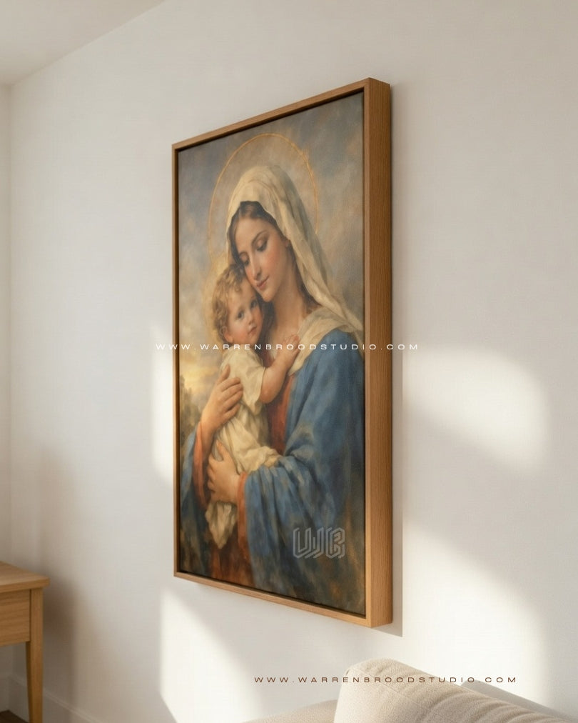 Shop Virgin Mary & Child Christian Wall Art in a premium natural oak wooden frame. Elegant religious wall decor featuring Mother Mary and Baby Jesus, perfect for homes, churches, and prayer rooms - Warren Brood Studio