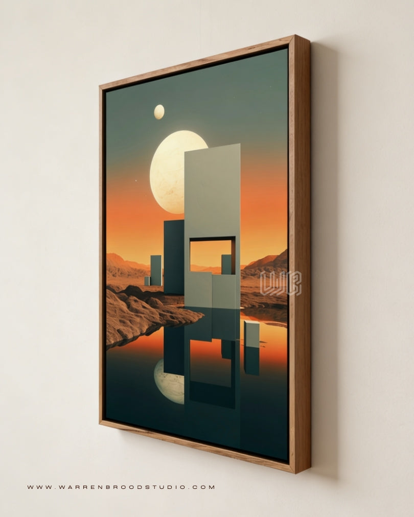 Solaris Gate premium surreal architectural wall art featuring geometric structures, celestial landscapes, luxury wooden framing, and modern home décor wall frames in Dubai.